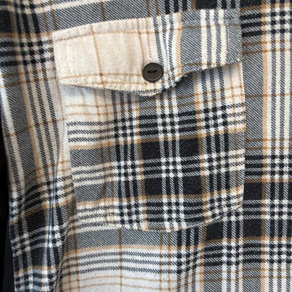Plaid Flannel Button Up Shirt Beige Black Check 1X Plus Size Preppy Skate Casual - Picture 7 of 12